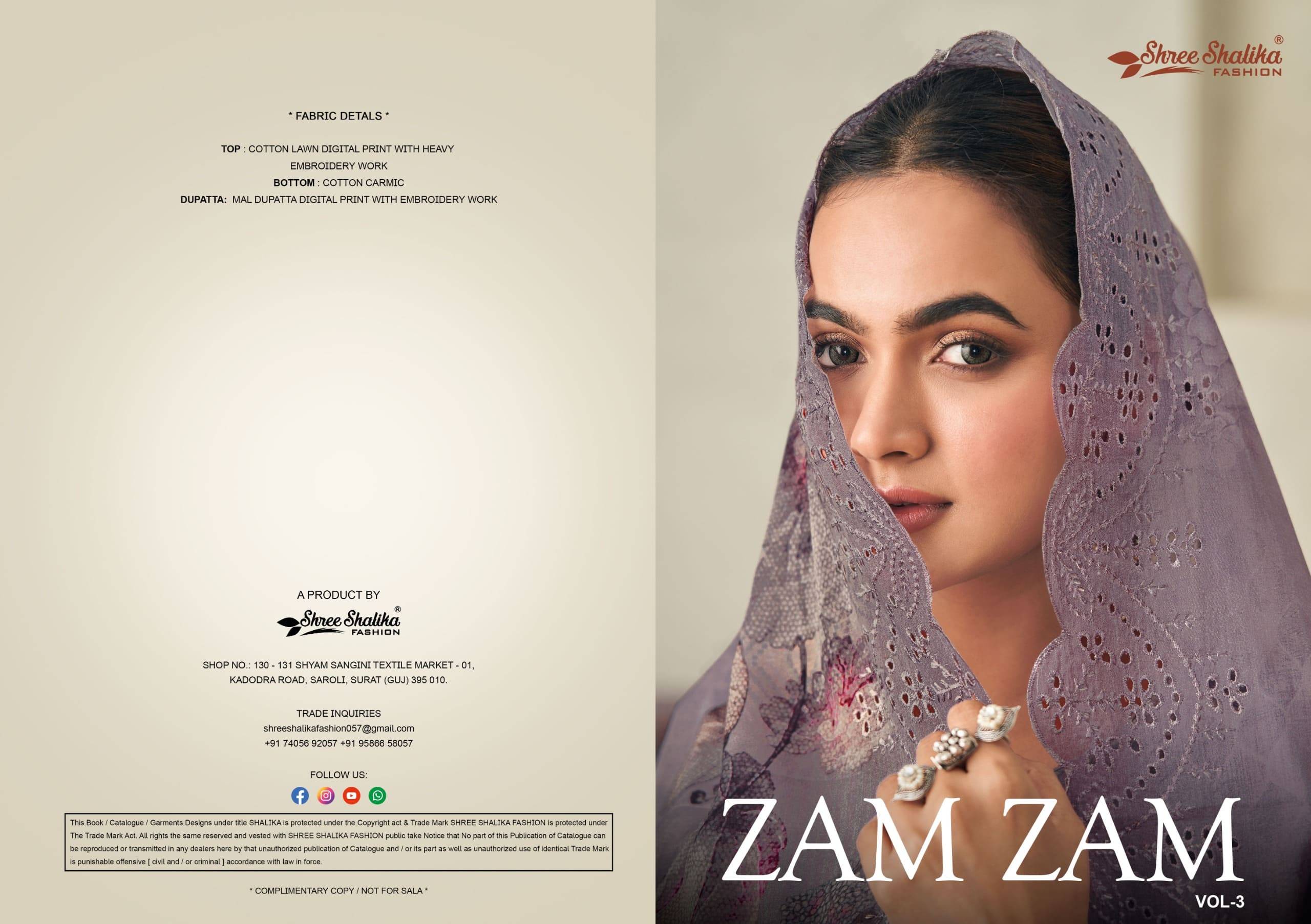 Zam zam  vol-3 by shree shalika 3001 To 3008 Designer Festive Suits Collection Beautiful Stylish Fancy Colorful Party Wear & Occasional Wear EMBROIDERED cotton lawn Dresses At Wholesale Price